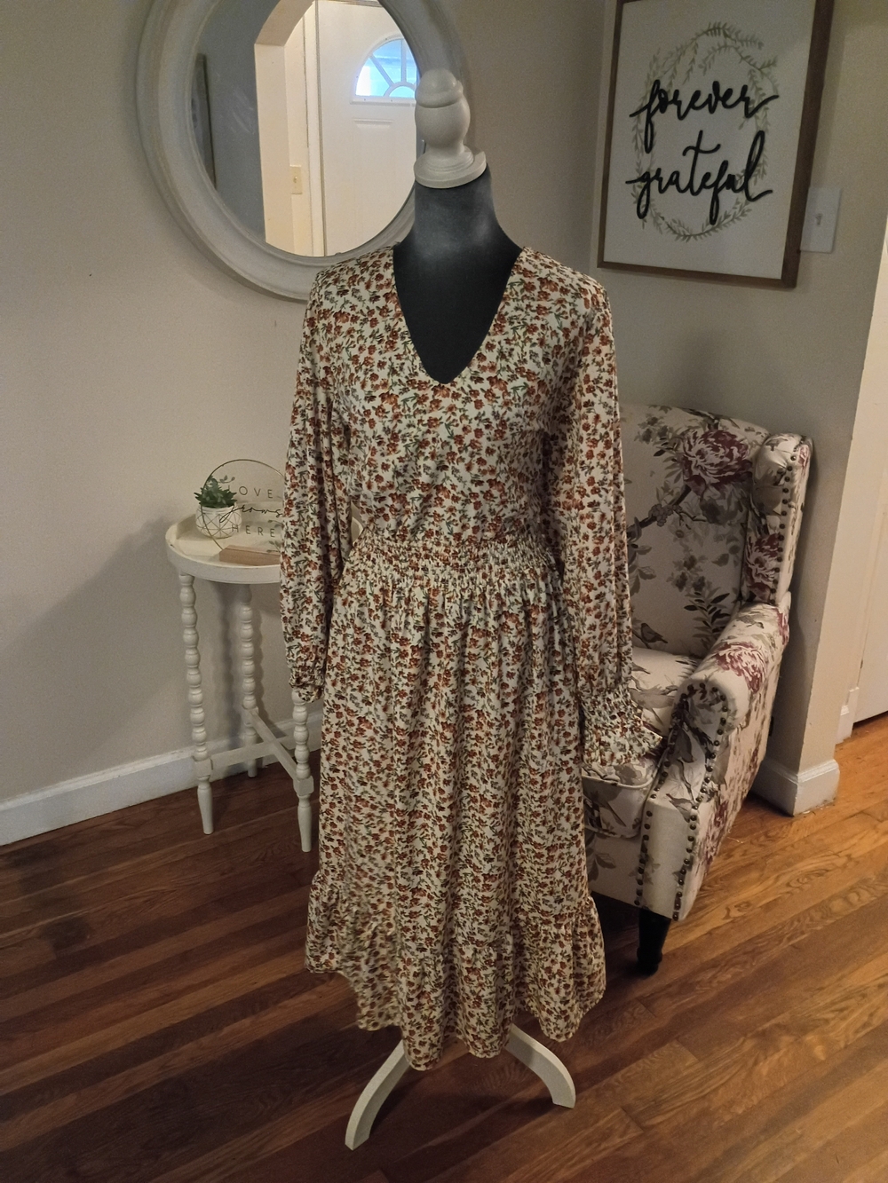 ellos Cream Midi Dress with Rust Floral Print Sz. 16 Women's Plus Size
